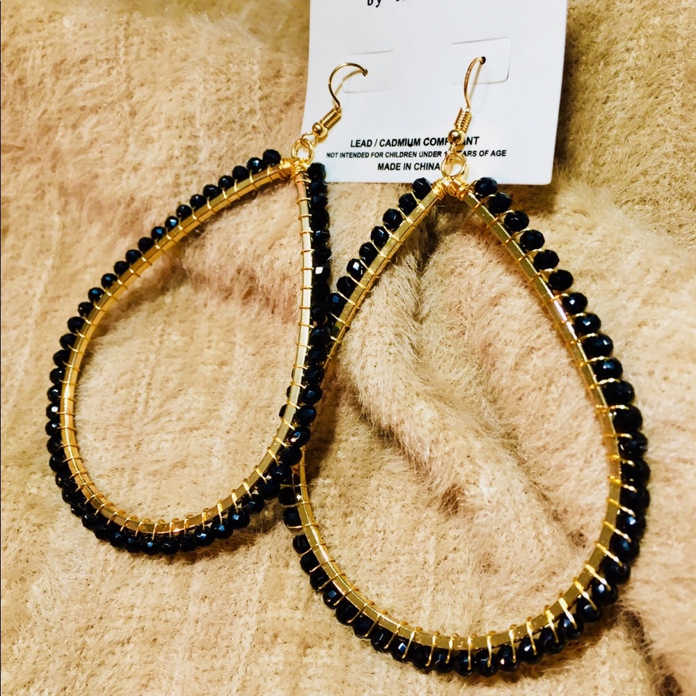 Stunning Large Black and Gold Hoop Hook Earrings